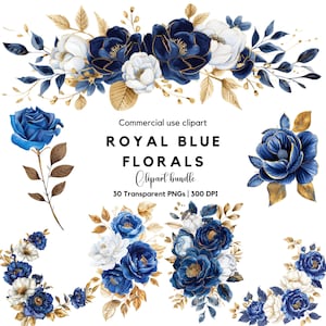 Aquarel koningsblauwe bloemen clipart | Blauwe bloem png | Blauw en goud | Vintage bloemen | Blauwe bruiloftsbloemen | Trouwuitnodiging