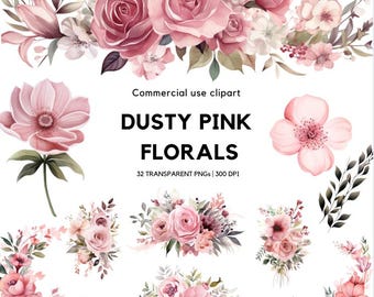 Dusty Pink Floral Clipart: Watercolor Floral Bouquet (Digital Download)