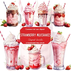 Aquarell Erdbeer Milchshake Clipart | Milchshake Png | Eis | Sommer | Freak schütteln | Sahne | Erdbeere Png | Nachtisch