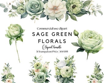 Sage Green Watercolor Floral Clipart: Rose & Peony (Commercial Use)