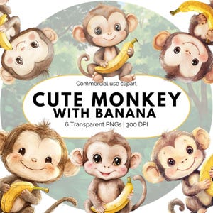 Clip art de mono bebé con plátano, decoración infantil en acuarela, baby shower y primer cumpleaños.