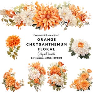 Clipart floral chrysanthème orange, aquarelle florale d'automne, art floral automne pour mariages et faire-part, impression florale, fleurs du mois de naissance