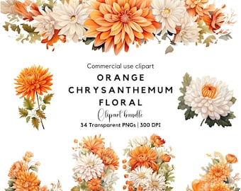 Orange Chrysanthemum Watercolor Clipart: Autumn Flower Art (Digital Download)
