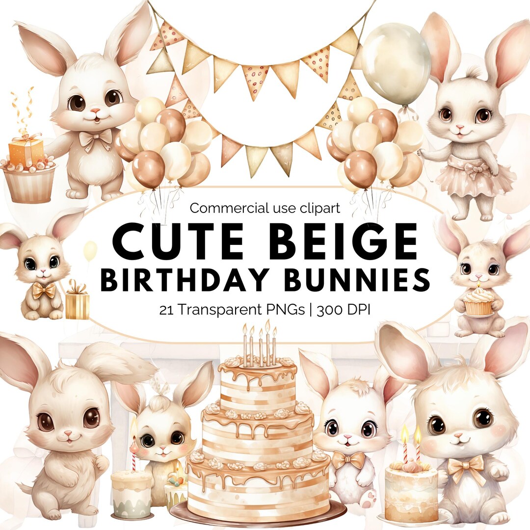 Beige Birthday Bunny Clipart Bundle, Cute Watercolor Bunny Party PNG ...