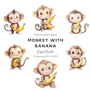 Singe mignon avec banane Clipart | Singe mignon | Bébé singe | Décoration de chambre d'enfant | Invitation de baby shower de singe | Animal mignon png