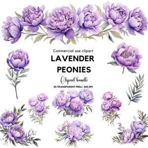 Clipart de Peônia Lavanda Aquarela | Casamento Roxo | Flores em Aquarela | Clipart de Casamento | Convite de Casamento | Peônias Roxas Png