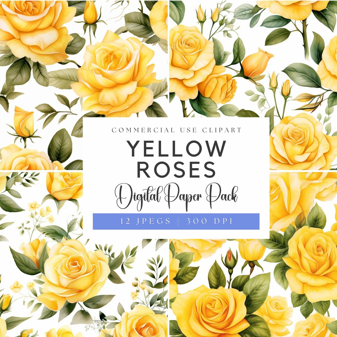 Yellow Roses Digital Watercolor Yellow Roses Digital Papers: Floral Wedding Invitation ...