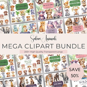 Méga lot de cliparts aquarelle animaux de safari | Bébés de la jungle | Un sauvage png | Lionne | Tigre | Zèbre | Singe | Baby Shower | Décoration de chambre d'enfant