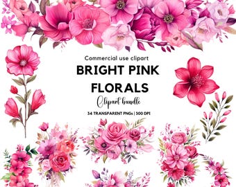 Bright Pink Floral Clipart: Watercolor Wedding Bouquets (Commercial Use)