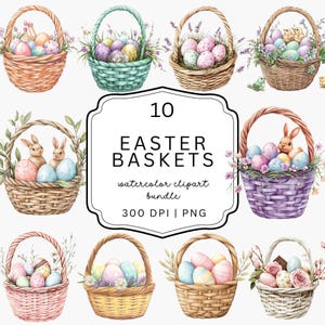 Clipart de paniers de Pâques | Panier de Pâques PNG | Printemps | Oeuf de Pâques | Pâques à l'aquarelle| Lapin de Pâques || Panier aquarelle |  Poussin de Pâques PNG