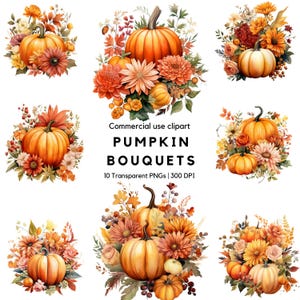 Clipart de buquê de abóbora em aquarela | Clipart de Ação de Graças | Abóbora com flores | Florais de outono | Florais de outono | Decoração de Ação de Graças |