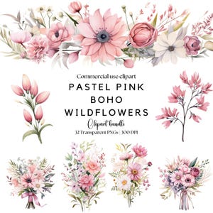 Clipart de flores silvestres Boho rosa pastel | Floral rosa empoeirado | PNG de flores silvestres | Floral rústico | Florais Boho | Flores de casamento | Flores de casamento