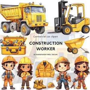 Aquarelle Ouvrier du bâtiment Clipart | Camion à benne basculante | Chantier de construction | Camion à benne basculante | Chariot élévateur | Camion malaxeur | Excavatrice | Décoration de chambre d'enfant