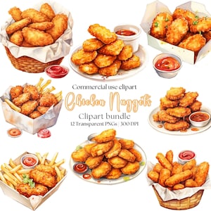 Nuggets de pollo en acuarela / Pollo frito / Nuggets de pollo PNG / Comida rápida / Pollo en una canasta / Pegatina de nuggets de pollo