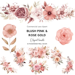 Clipart floreale rosa cipria e oro rosa / Fiori in oro rosa / Fiori rosa antico / Invito a nozze / Nozze in oro rosa / Fiori per matrimoni