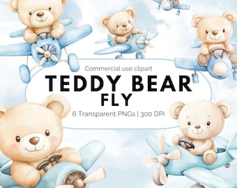 Cute Blue Teddy Bear Pilot Airplane Vintage Aviator Nursery Decor Clipart, Soft Pastel Design PNG's, Baby Shower Storybook Watercolour Pack