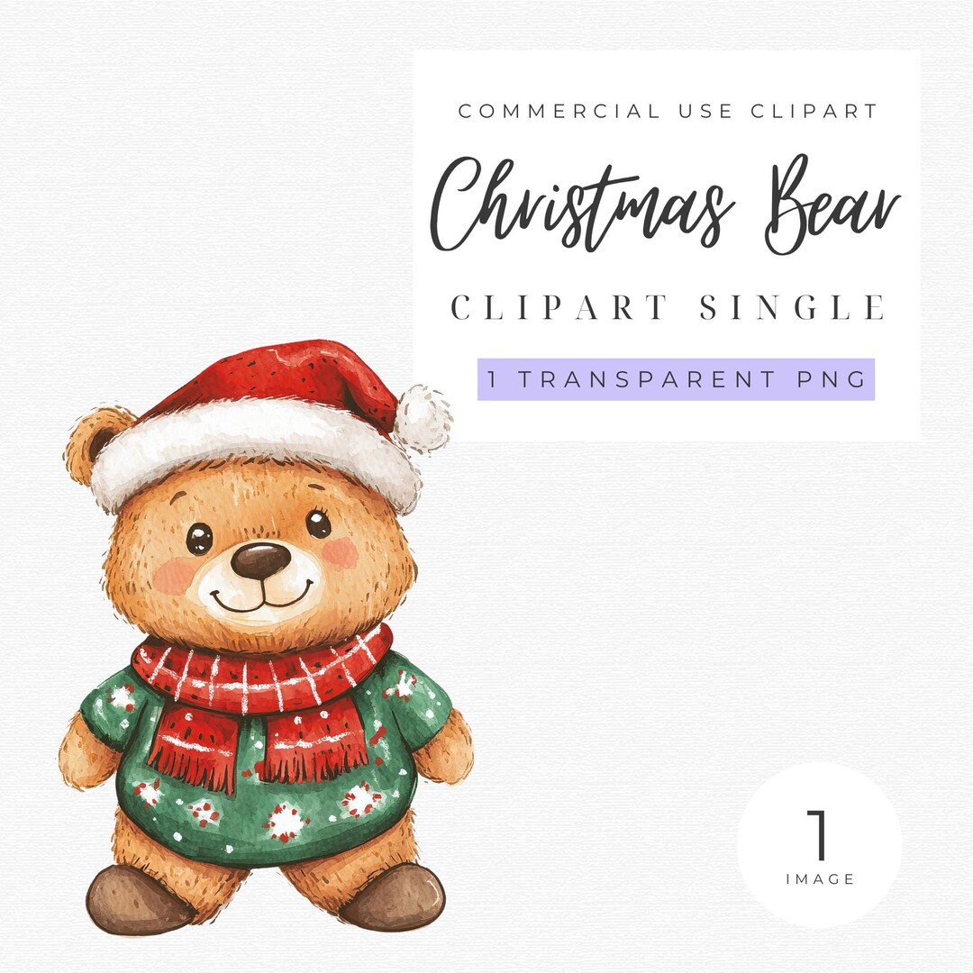 Watercolor Christmas Teddy Bear Clipart Cute Festive Bear Cute Xmas ...