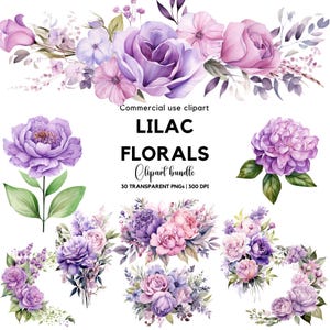 Aquarel clipart van seringenbloemen: Paars bloemenboeket (digitale download)