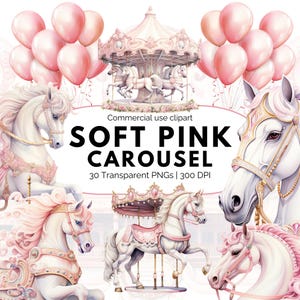 Mjukrosa akvarell sagolik hästkarusell Clipart-paket, pastellfärgad barnrumsdekor, babyshower-PNG, prinsessfest-sagabokdesign