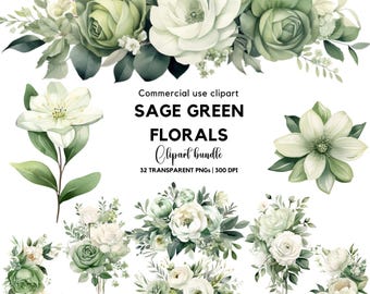 May include: A digital clipart bundle featuring sage green and white floral arrangements, individual blossoms, and leafy stems. The text reads Commercial use clipart SAGE GREEN FLORALS Clipart bundle 32 TRANSPARENT PNGs 300 DPI.
