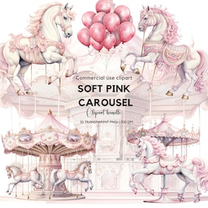 Aquarel zachtroze paard en carrousel | Carnaval-clipart | Carrouselpony | Kinderkamerinrichting | Verjaardagsuitnodiging | Babyshower | Sublimatie