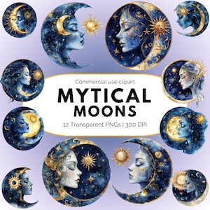 Mystical Moon Clipart: Celestial PNG Graphics for Commercial Use (Digital Download)