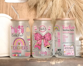 Coquette Teacher Glass Can Wrap: Pink Bow Design (Digital Download PNG for Sublimation)