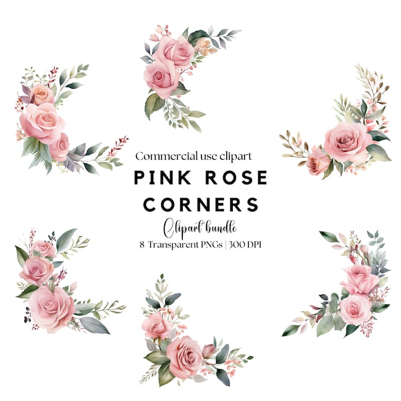 Pink Rose Corner Clipart: Watercolor Floral Border (PNG) image 1