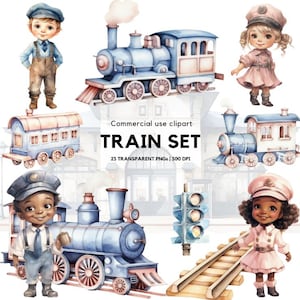 Imágenes prediseñadas de tren de acuarela / Tren de vapor / Juego de trenes de juguete / Locomotora / Motor de tren de vapor / Decoración de guardería / Juego de trenes para niños