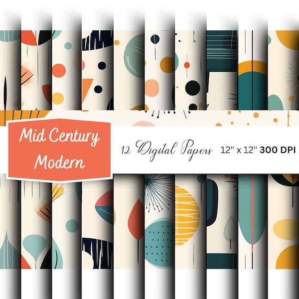 Mid Century Modern Seamless Pattern Digital Papers | Retro Background | 1950s | Digital Scrapbooking | Digital Background