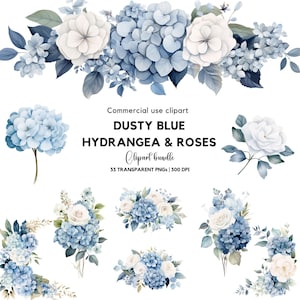 Aquarel clipart van stoffig blauwe hortensia's en rozen: trouwbloemen (digitale download)