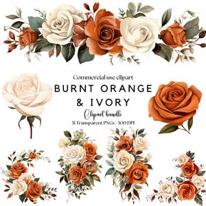 Clipart verbrand oranje en ivoor | Verbrande oranje en witte bruiloft | Verbrande oranje bloemen | Ivoor bloemen | Herfstbloemen | Boho-bruiloft