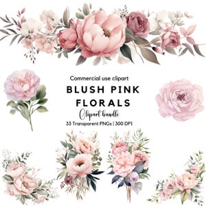 Blush Pink Floral Clipart | Flores rosa empoeiradas | Rosa rosa | Peônia rosa | Flores de casamento | Flores rosa blush | Rosa claro | Eucalipto