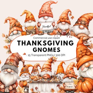Watercolor Thanksgiving Gnome Clipart: Autumn PNG Images (Digital Download