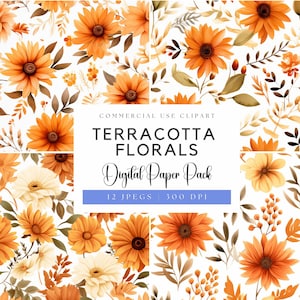 Terracotta Floral Digital Papers: Autumn Watercolor Flowers (300 DPI JPEGs)