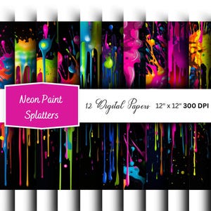 Neon Paint Splatter Digital Paper | Neon Clipart | Neon overlays | Neon background | Neon Glowing | Neon brush stroke | Digital scrapbooking