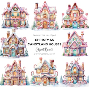 Akwarela Boże Narodzenie Candyland Clipart | Domy Candy Land | Pierniki Bożonarodzeniowe | Laski Cukrowe | Tęczowe Cukierki | Słodycze | Clipart świąteczny