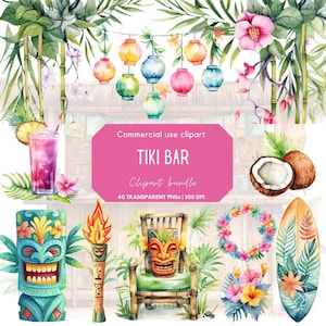 Tiki Bar Clipart / Luau tropicale / Hawaii / Hawaiano / Estate / Spiaggia / Fiori tropicali / Cocktail / Esotico / Surf / Isola tropicale