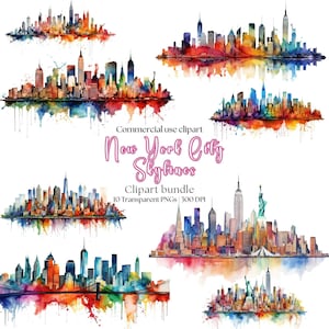 Aquarela Vibrante Abstrato New York Skyline Clipart | New York City Png | Estátua da Liberdade | New York City Png | City Silohuette
