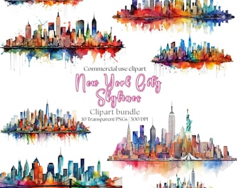 Watercolor Vibrant Abstract New York Skyline Clipart | New York City Png | Statue of Liberty | New York City Png | City Silohuette