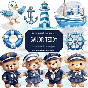 Clipart di orsacchiotto marinaio / Ragazzo marinaio / Ragazza marinaio / Nautico / Marina / Faro / Barca / Nave / Marinaio carino / Baby Shower / Invito di compleanno