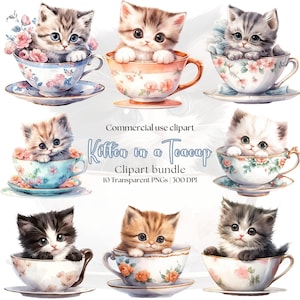 Clipart di gattino da tazza da tè ad acquerello / Gatto nero PNG / Gatto carino / Gattino nero / Gatto da tazza da tè / Gatto a pelo lungo / Gatto in una tazza da tè