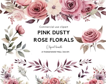 Dusty Rose Watercolor Clipart: Pink Floral Border (PNG, Commercial Use)
