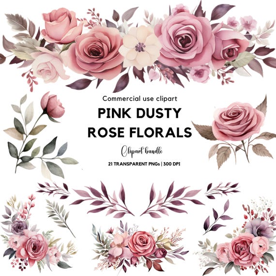 Dusty Rose Watercolor Clipart: Pink Floral Border (PNG, Commercial Use)