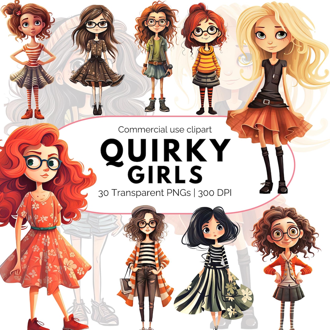 Quirky Girls Clipart Bundle, Whimsical Fashion Girl PNG Set, Cute ...