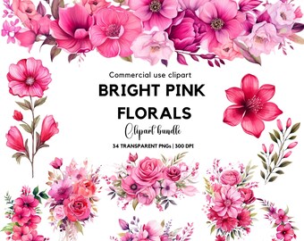 May include: A digital clipart bundle of bright pink floral arrangements and individual flowers. The text reads: Commercial use clipart BRIGHT PINK FLORALS Clipart bundle 34 TRANSPARENT PNGs | 300 DPI. The collection features various watercolor-style pink blossoms.