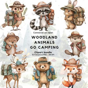 Aquarelle animaux des bois font du camping clipart | Camp d'été | Animaux mignons | Randonnée pédestre | Vie de camp | Heureux campeur | Animal de la forêt | Ours | Renard
