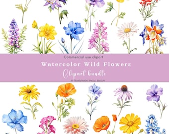 May include: A collection of watercolor illustrations featuring various wildflowers in shades of red, yellow, purple, blue, and pink. The text reads: Commercial use clipart, Watercolor Wild Flowers, Clipart bundle, 49 TRANSPARENT PNGS | 300 DPI.