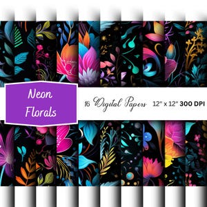 Neon Floral Seamless Pattern Digital Papers | Retro Background | Neon Flowers | Digital Scrapbooking | Digital Background