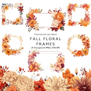 Clipart de marco floral de otoño con acuarela / Borde de otoño / Hojas de otoño / Acción de gracias / Marco floral png / Borde floral de otoño / Corona de otoño